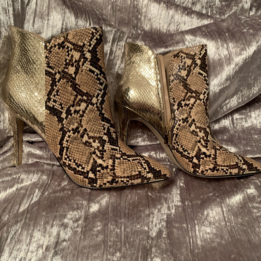 BCBGeneration Gold and Brown Snakeskin Heeled Boots